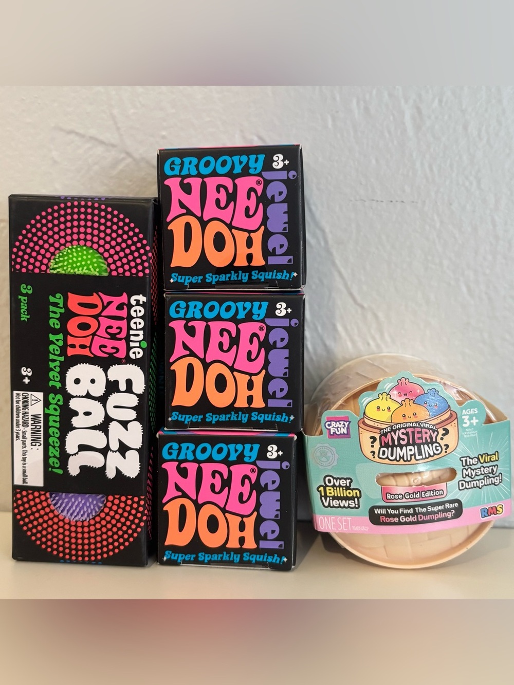 Needoh Groovy Jewel, Teenie Fuzzballs 3-Pack & Mini Rose Gold RMS Dumpling